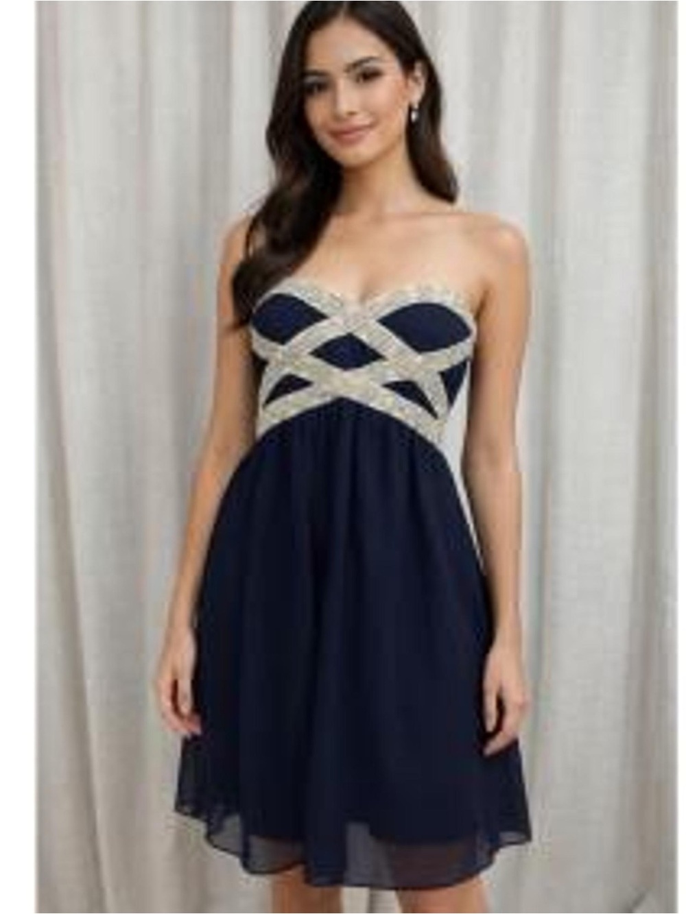 Gianni Bini Navy Strapless Cocktail Dress with Silver Crisscross Accents